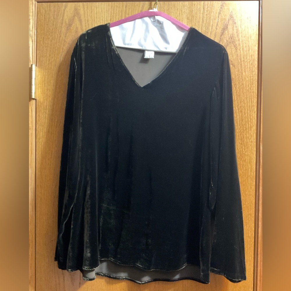 Women’s Vintage Velvet Express Deep Brown Long Sleeve V-Neck Top Blouse.